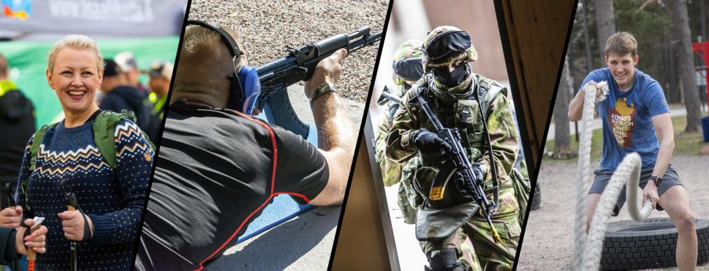 Neljän kuvan kollaasi. Vasemmalla naismarssija villapaidassa, mies ampuma-asennossa kiväärin kanssa, kaksi sotilasta suoja-asussa taisteluvarusteissa, nuori mies Military Cross Training radalla heiluttamassa köysiä.