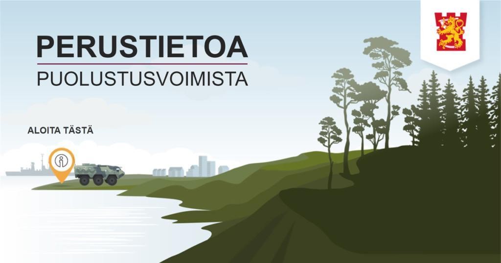 Perustietoa Puolustusvoimista -verkkokurssin aloituskuvassa on piirretty ranta, panssariajoneuvo ja sotalaiva sekä kurssin nimi.