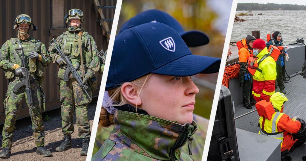Reserviläisiä taisteluvarustuksessa, nuori turvakurssilainen ja huomiovärein puettuja öljyntorjuntakurssilaisia.