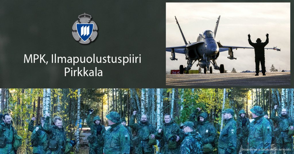 Ilmapuolustuspiirin koostekuva, jossa yhdessä kuvassa mies ohjaa Hornettia ja toisessa kuvassa on miehiä sotilaspuvuissa syksyisessä metsässä.