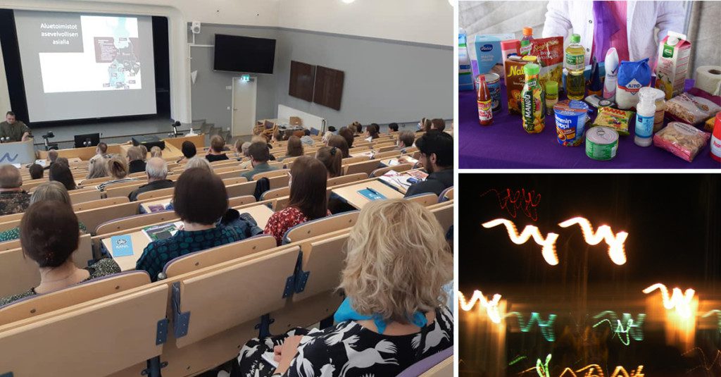 Arkiturvallisuuden teemapäivän kuvassa ihmisiä salissa, kotivaran tarvikkeita ja valojuovia ilmassa