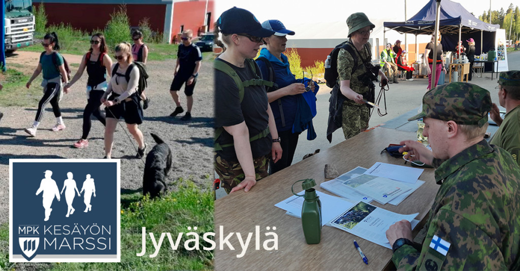 Kesäyön marssin ilmoittautumispiste ja marssille lähdössä olevia henkilöitä.
