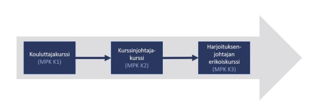 Kaaviossa näkyy koulutuspolku kouluttajakurssista kurssinjohtajakurssille ja harjoituksenjohtajan erikoiskurssille.