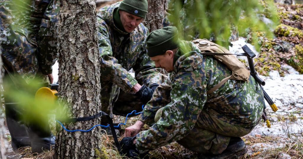 Kaksi miestä maastopuvuissa metsässä laittamassa puuhun miinaa.