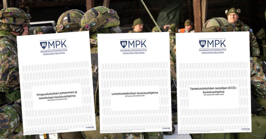 Imapuolustuspiirin koulutusohjelmien kansikuvat. Taustalla sumea kuvituskuva kurssilaisista.